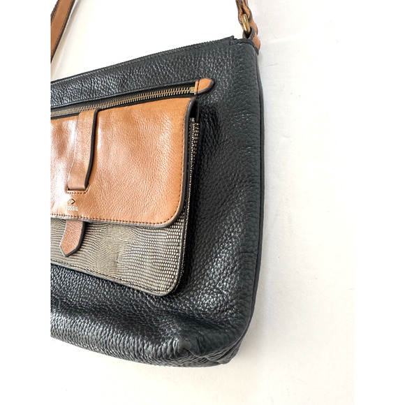 Fossil Crossbody Bag Messenger Black Tan Leather Top Zip Pockets Adjustable - Picture 6 of 16